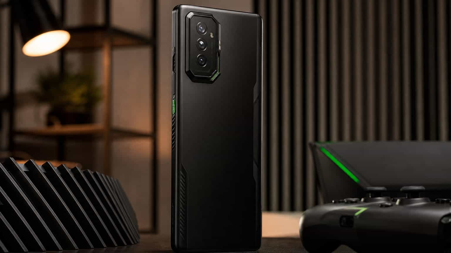 Unbranded gaming smartphone on a desk with controller and cooling hardware