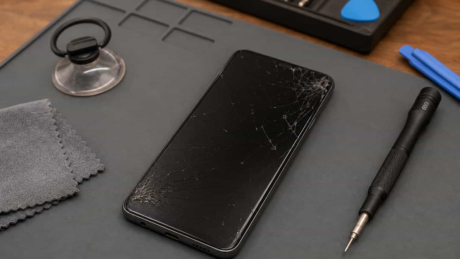 Cracked Samsung-style smartphone on a repair bench with precision tools