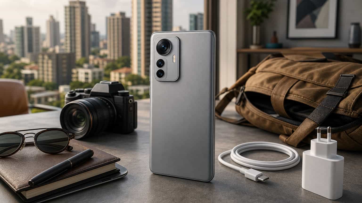 Generic premium smartphone on a desk with travel and charging accessories