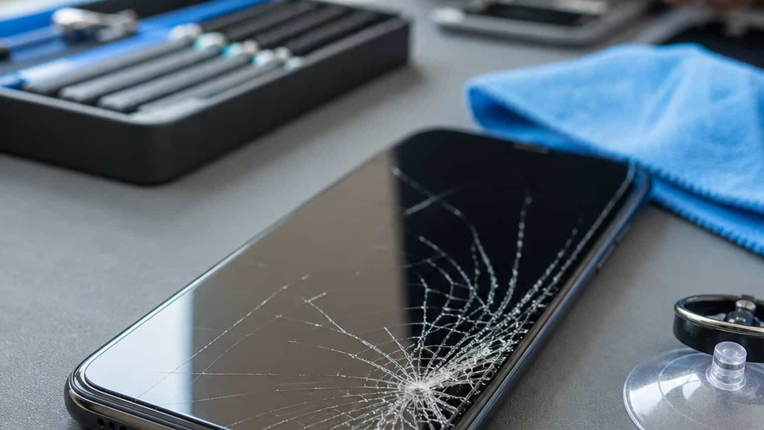 Cracked iPhone-style smartphone on a repair bench with tools