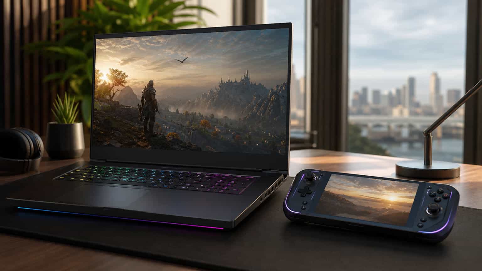 High-performance gaming laptop and handheld game streaming device on a modern desk