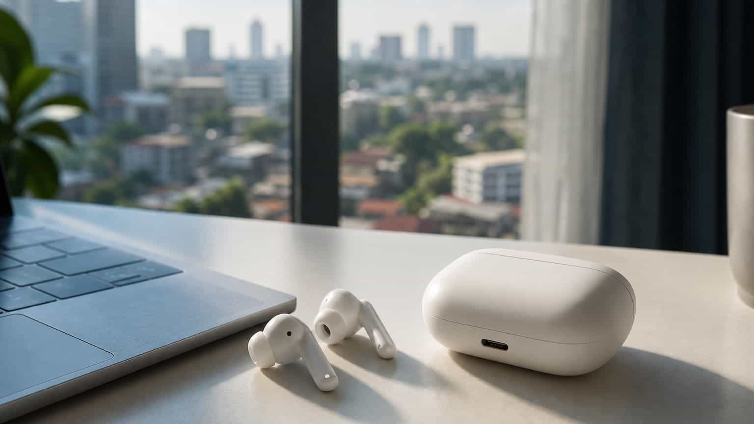 White USB-C true wireless earbuds and charging case on a desk