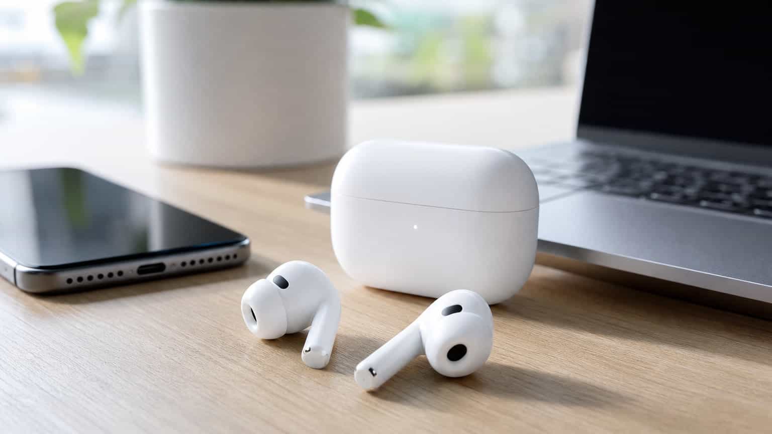 White wireless earbuds and charging case beside a phone and laptop on a desk