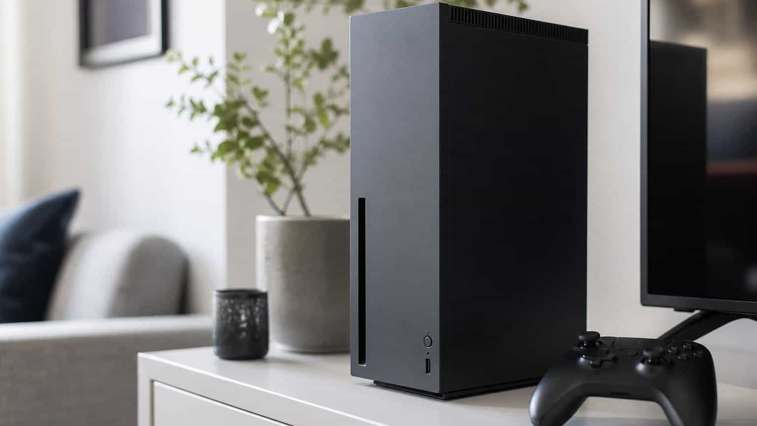 Modern black gaming console and controller on a living-room media shelf