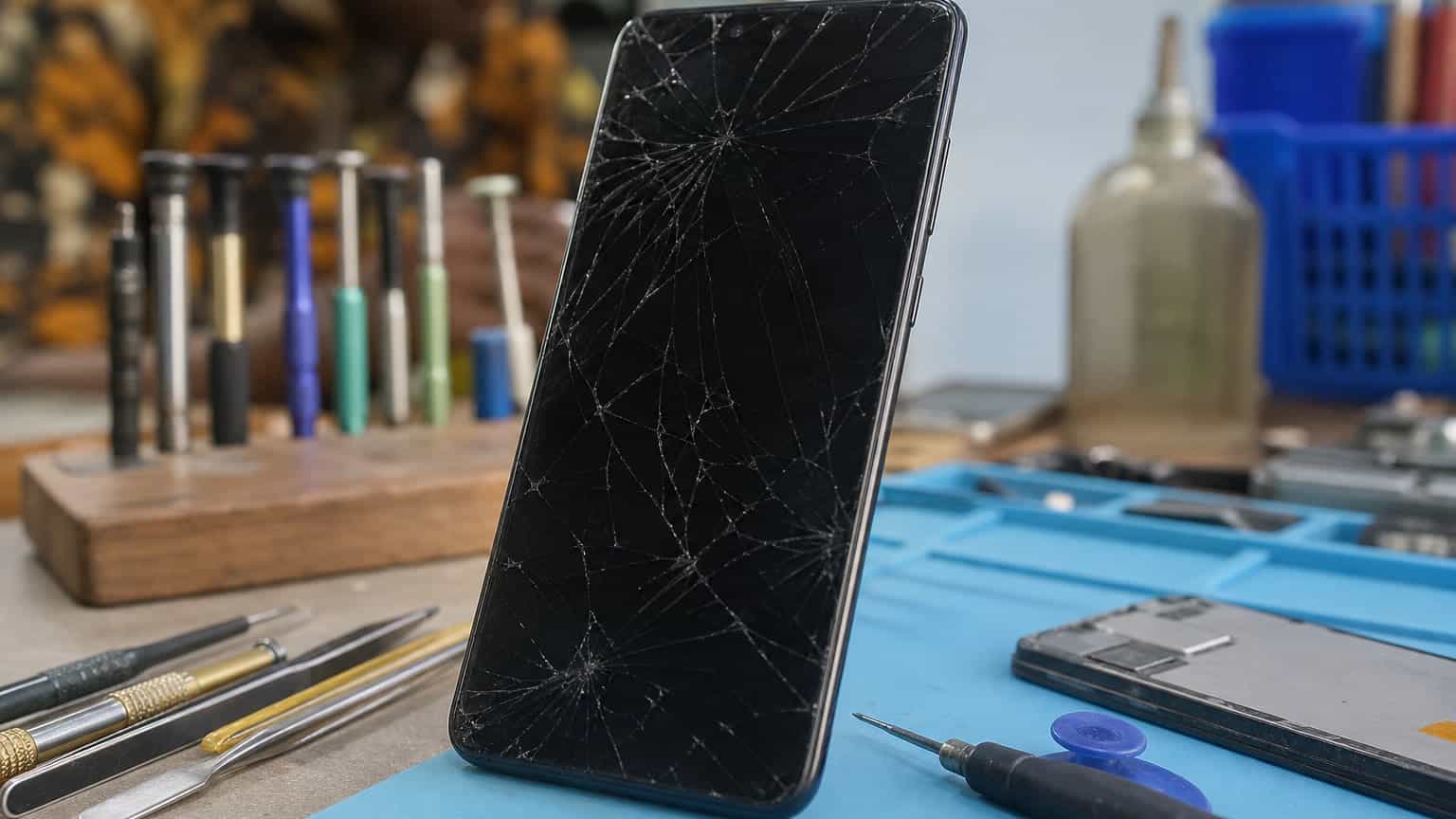Technician preparing a Vivo-style smartphone screen repair on a clean workbench
