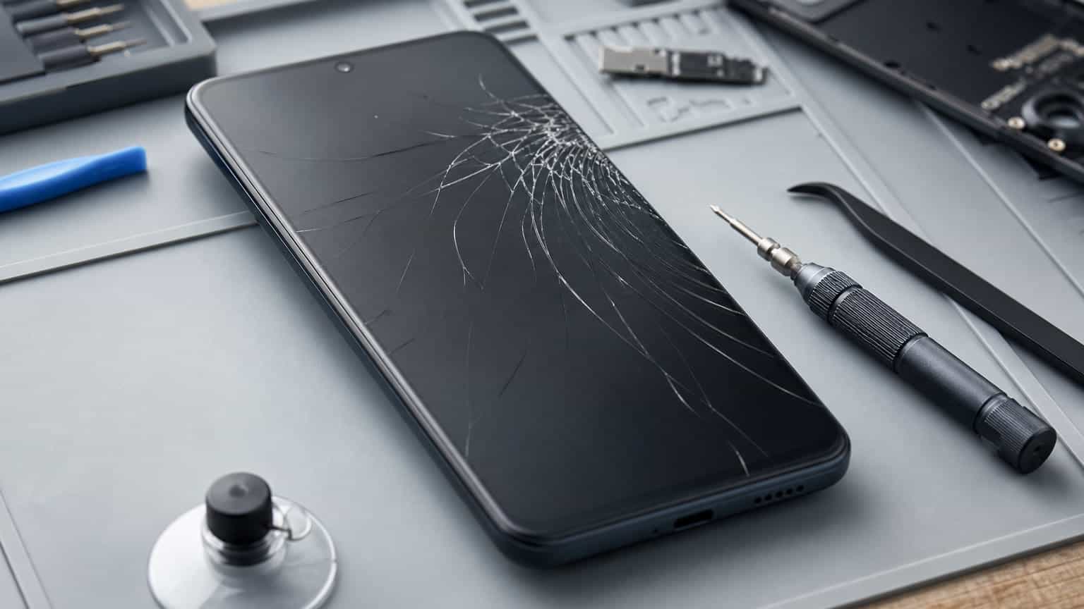 Cracked unbranded Android phone on a repair bench with tools