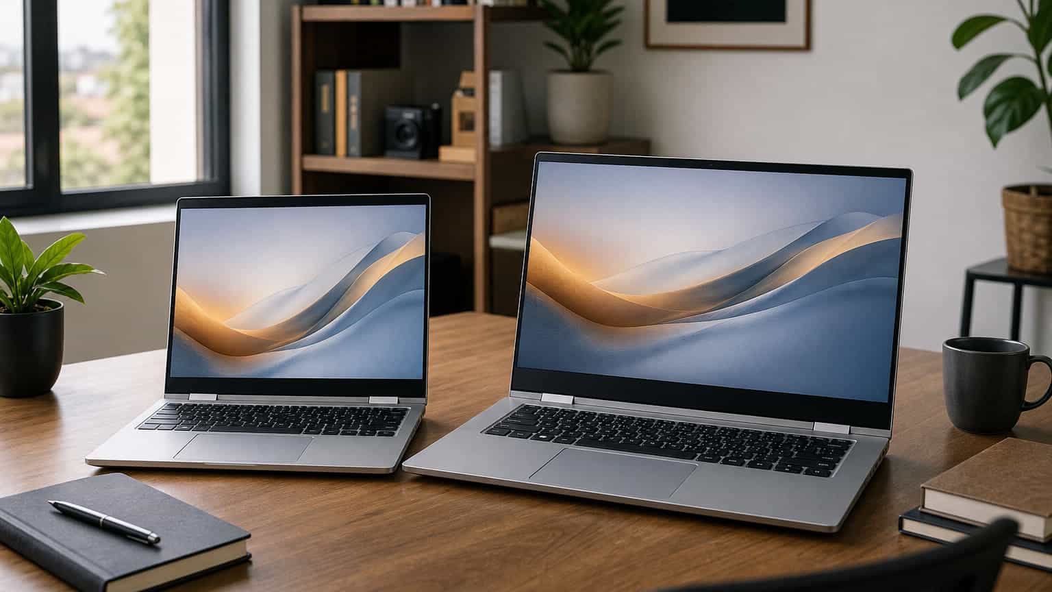 Two silver convertible laptops on a desk for HP Envy x360 14-inch and 16-inch comparison