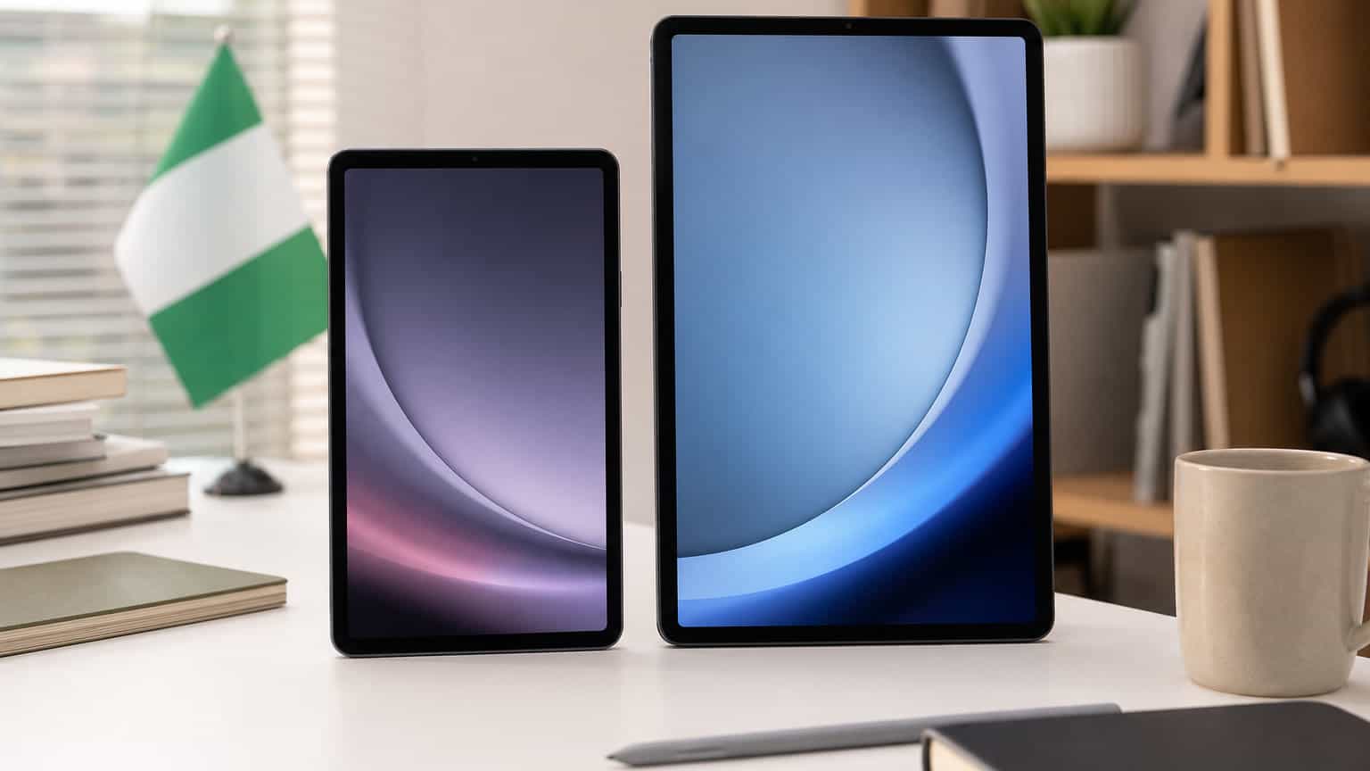 Samsung-style compact and large tablets side by side on a Nigerian study desk