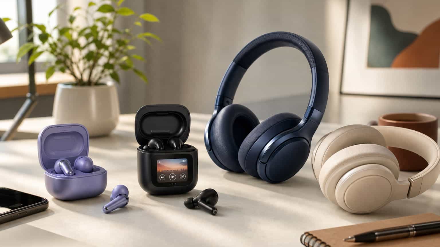 Colorful wireless earbuds and over-ear headphones on a clean desk