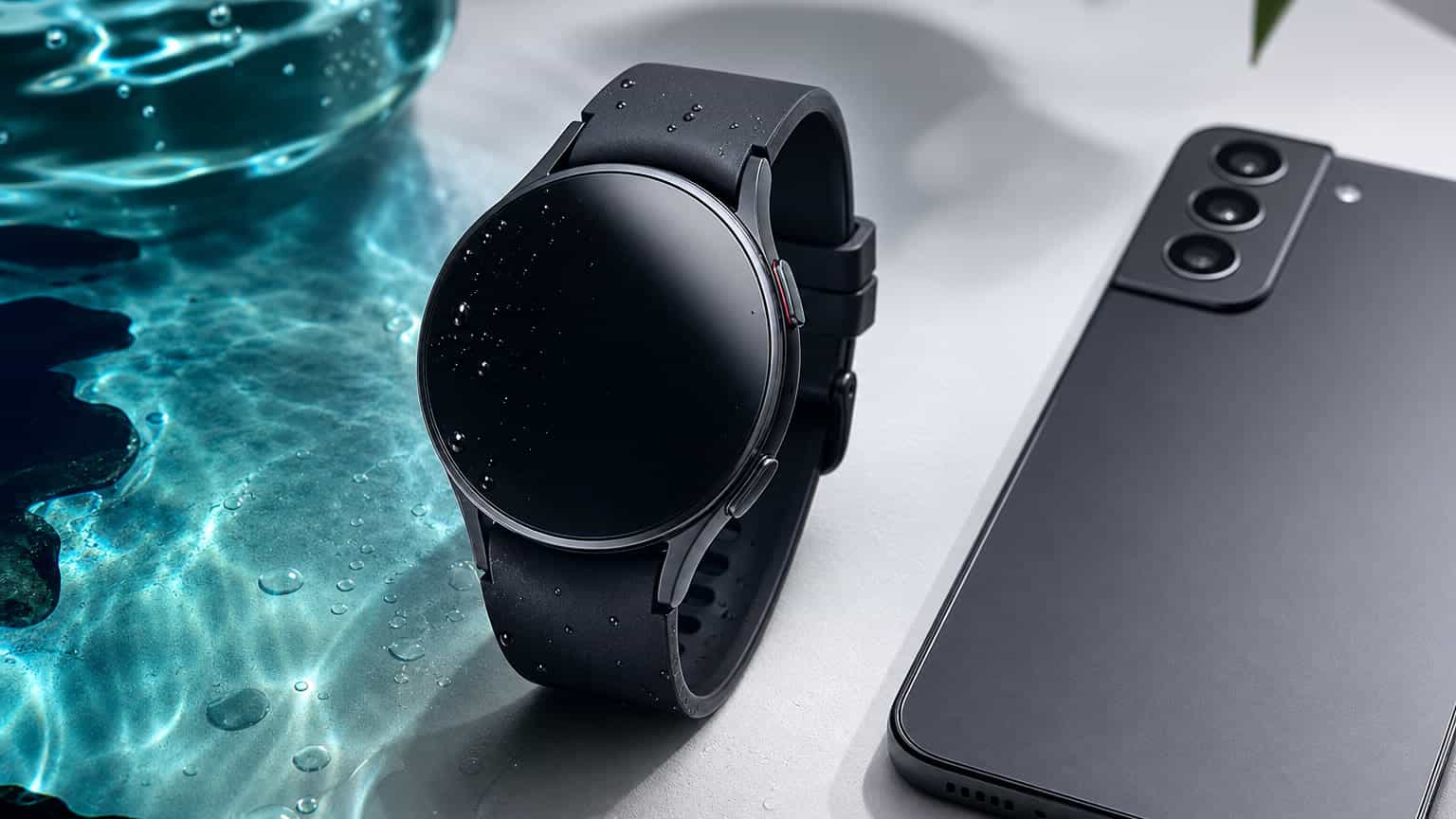 Round smartwatch beside an Android phone with water reflections for a Pixel Watch leak story