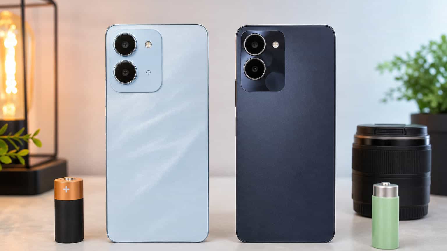 Two generic budget Android phones side by side on a retail counter for a vivo Y04 vs vivo Y21d comparison