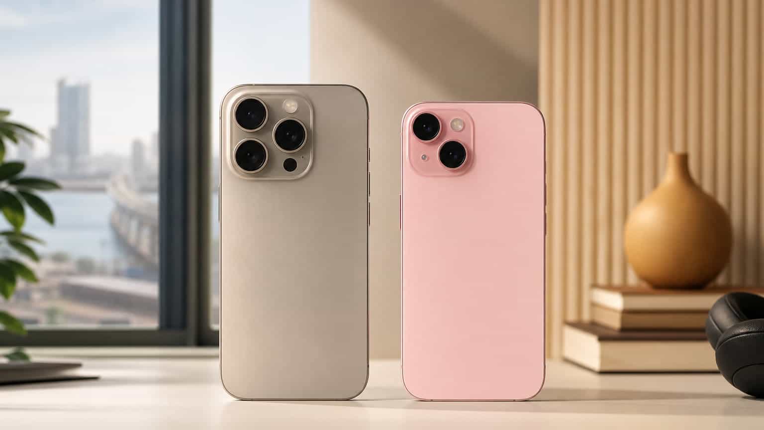 Two compact premium smartphones side by side for an iPhone 15 Pro versus iPhone 16 comparison