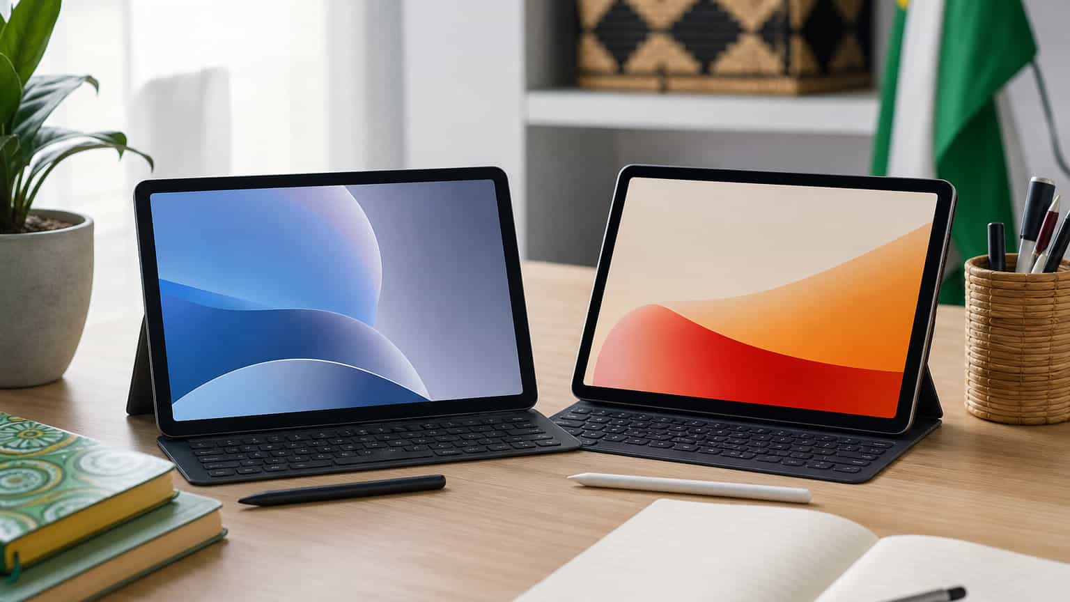 Two unbranded Android tablets on a study desk for a Tecno tablet comparison