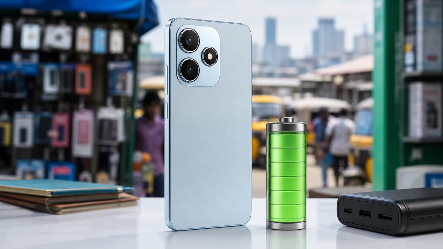 Budget 5G smartphone with large battery concept on a Nigerian retail counter