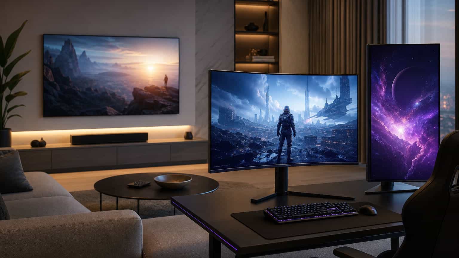 Premium gaming monitor and smart TV setup in a modern living room