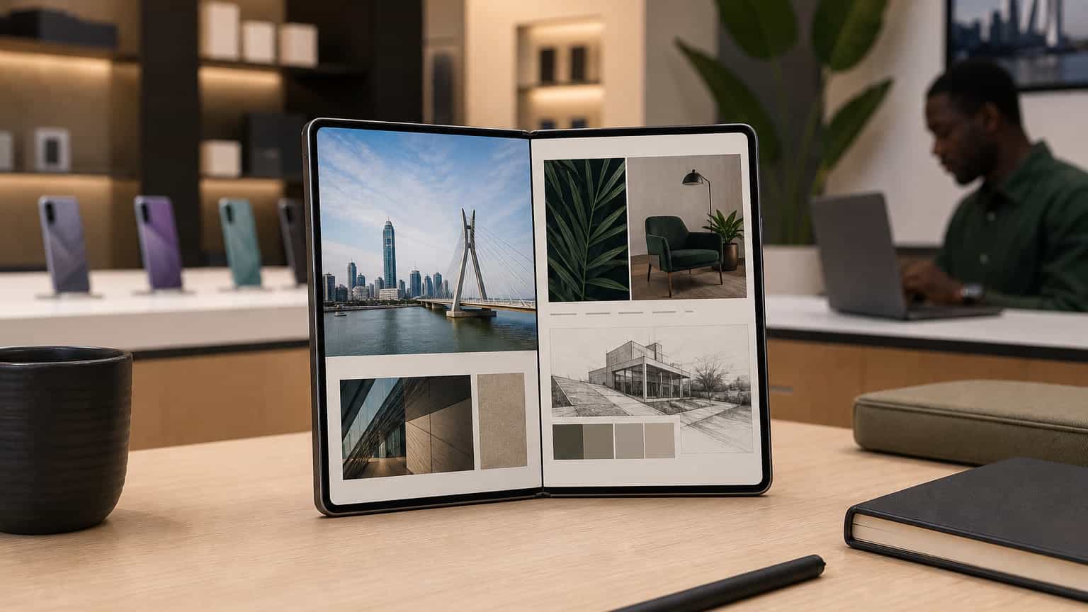 Foldable smartphone opened on a clean desk for Samsung Galaxy Z Fold 6 review context