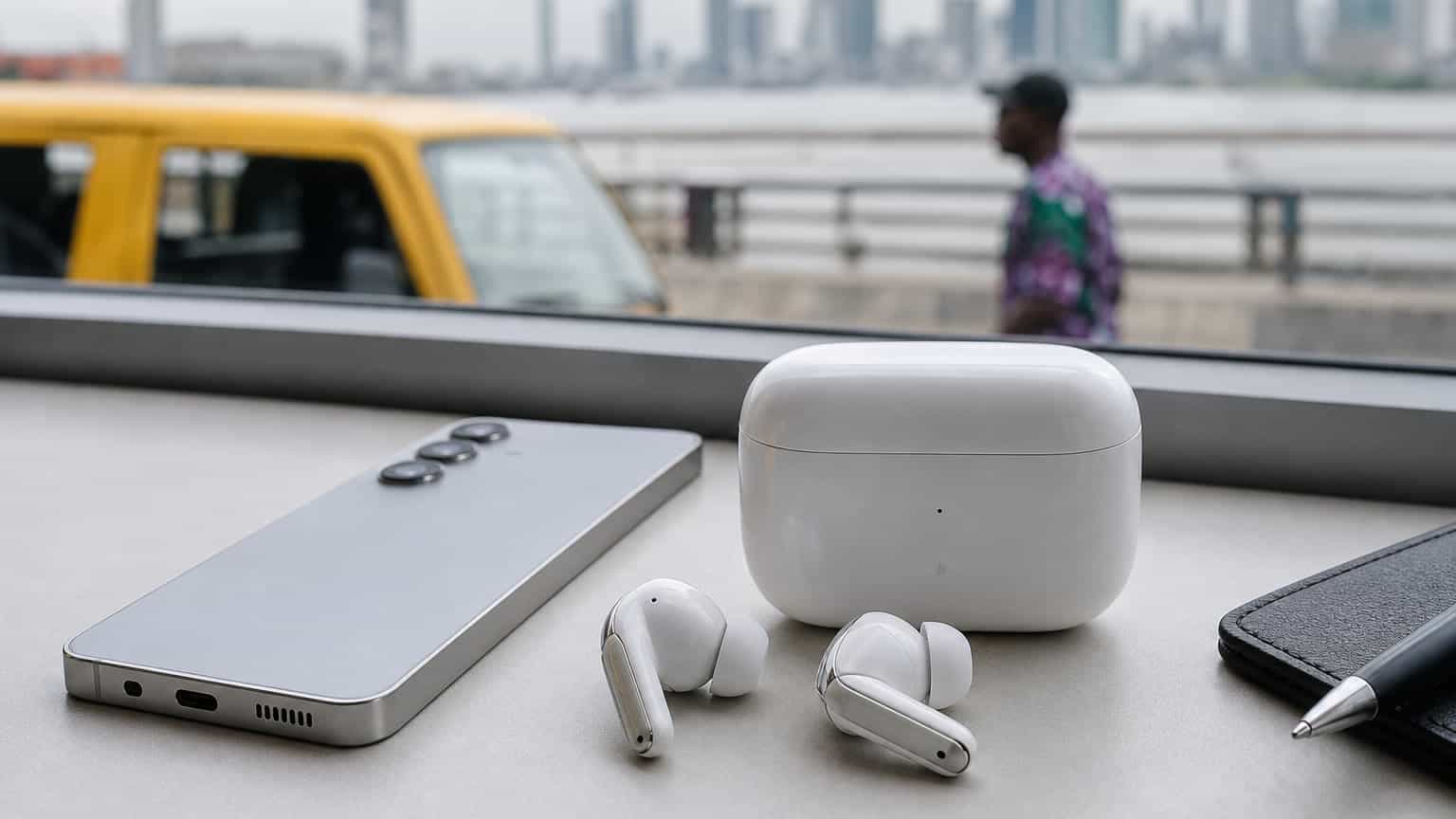 Premium true wireless earbuds and charging case beside an Android phone in a Nigerian commute setting