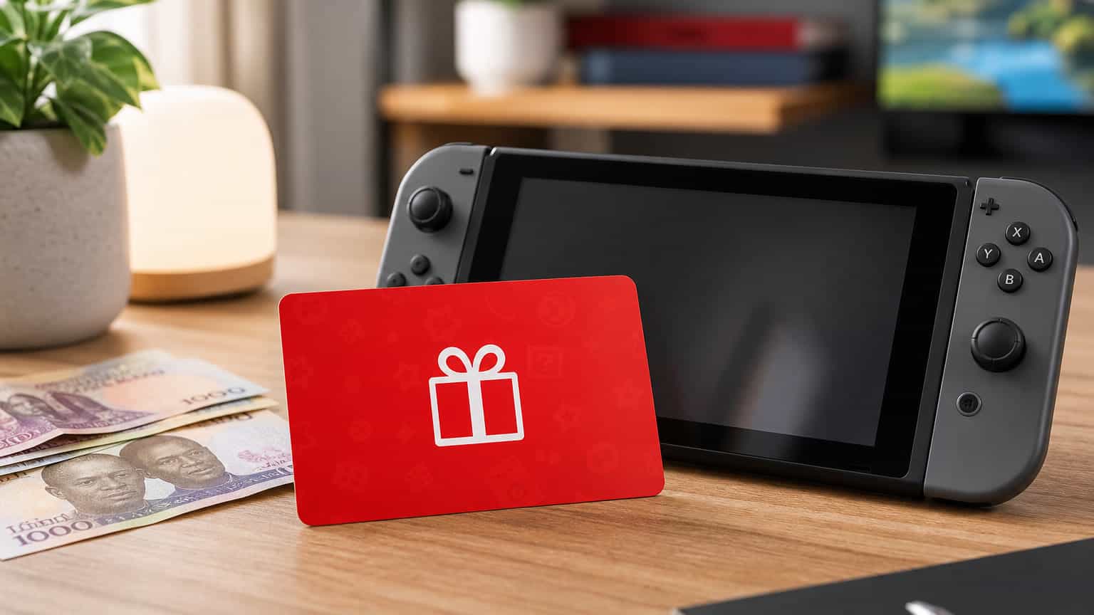 Generic gaming gift card beside a handheld console and naira notes
