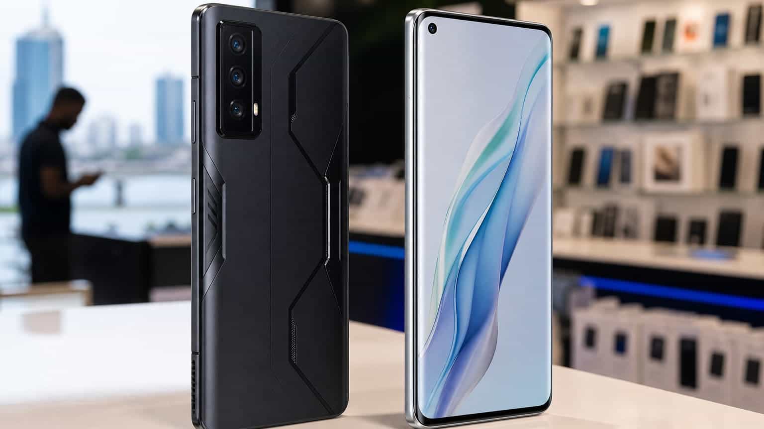 Two unbranded smartphones styled for a GT 30 Pro versus Note Edge comparison on a Nigerian retail counter