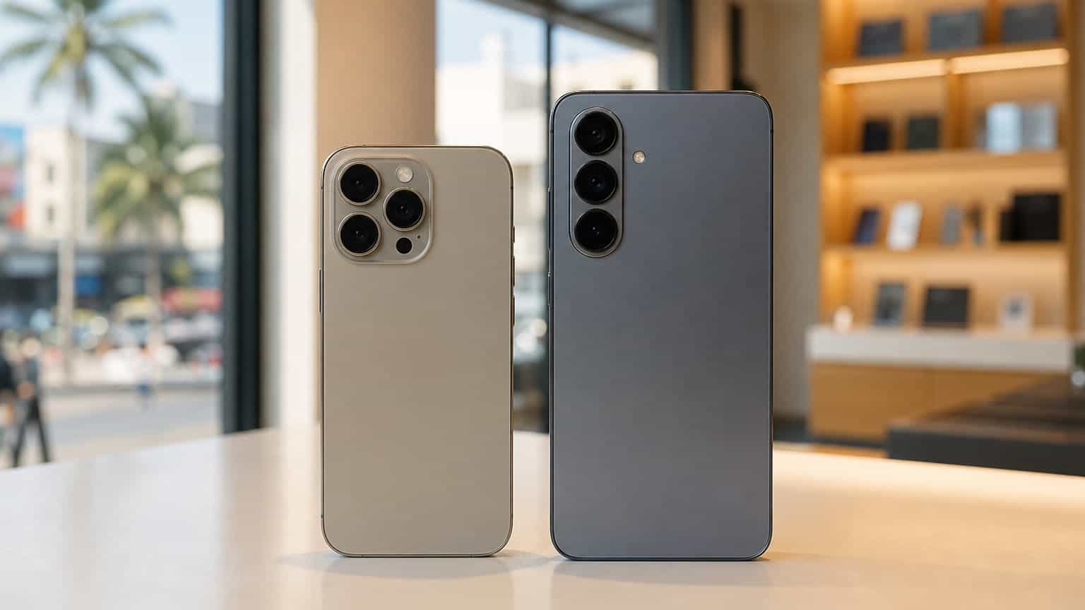 Two premium smartphones side by side in a Nigerian phone shop setting