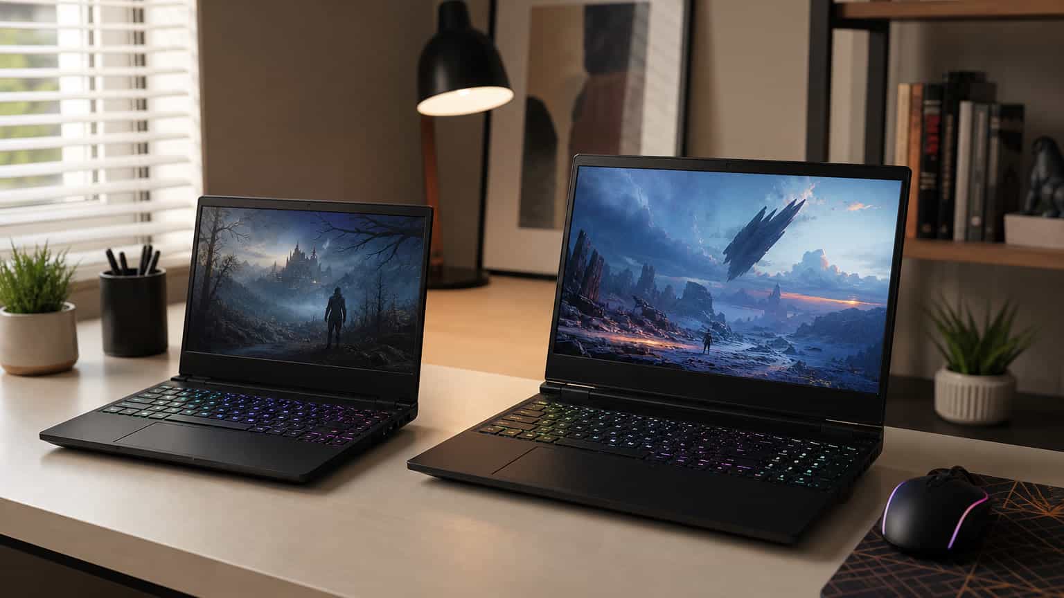 Two black gaming laptops on a desk for an HP OMEN comparison