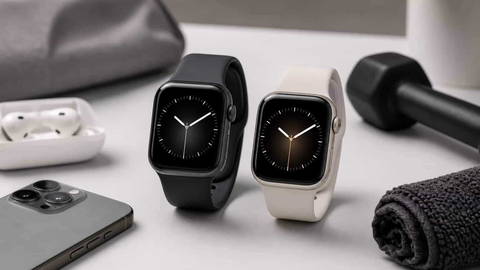 Two premium smartwatches shown side by side for an Apple Watch Series 10 versus Series 11 comparison