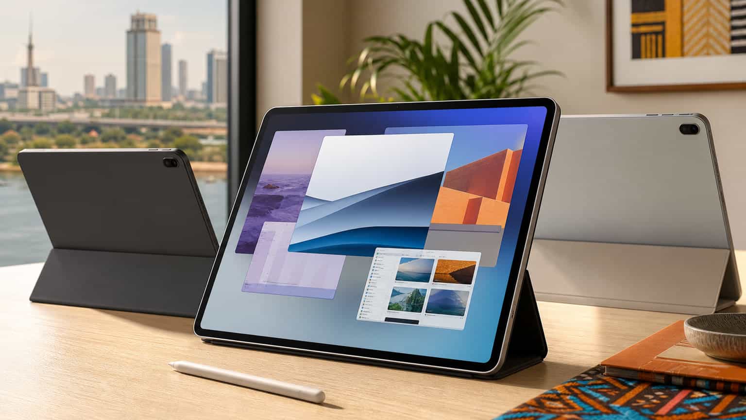 Modern tablets on a desk showing abstract multitasking windows with a stylus nearby