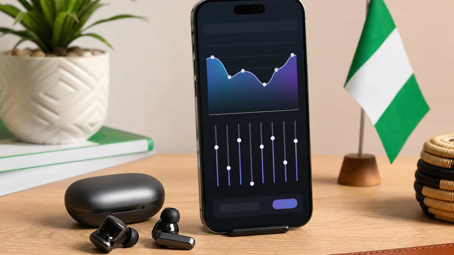 Wireless earbuds beside a smartphone showing an abstract equalizer control