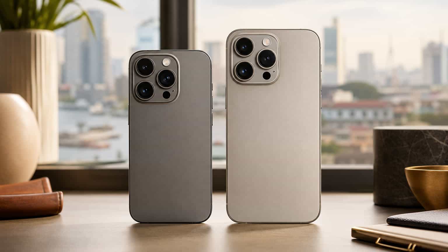 Two premium smartphones side by side for an iPhone 15 Pro versus iPhone 17 Pro comparison
