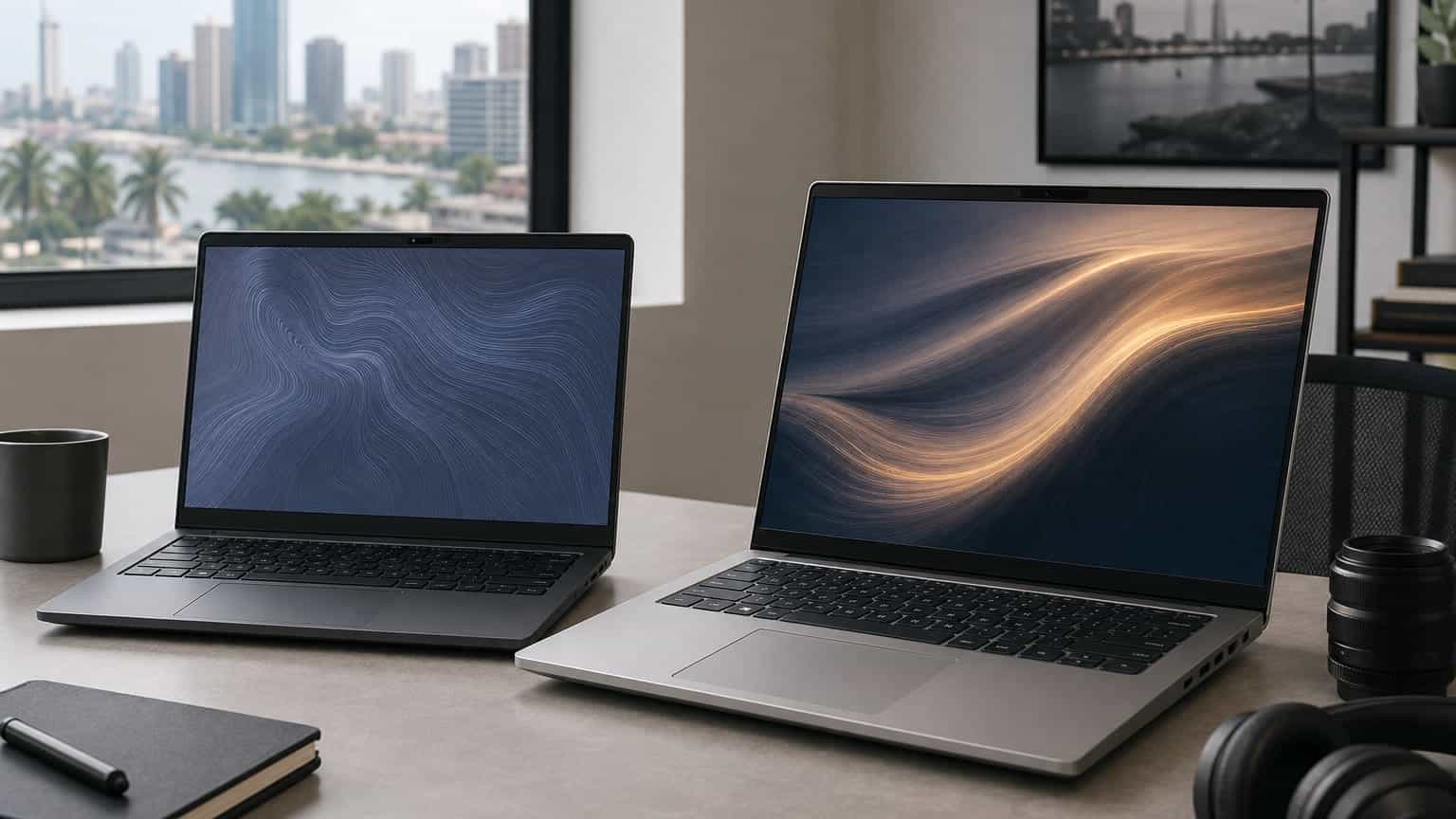 Two Dell-style laptops side by side on a modern office desk