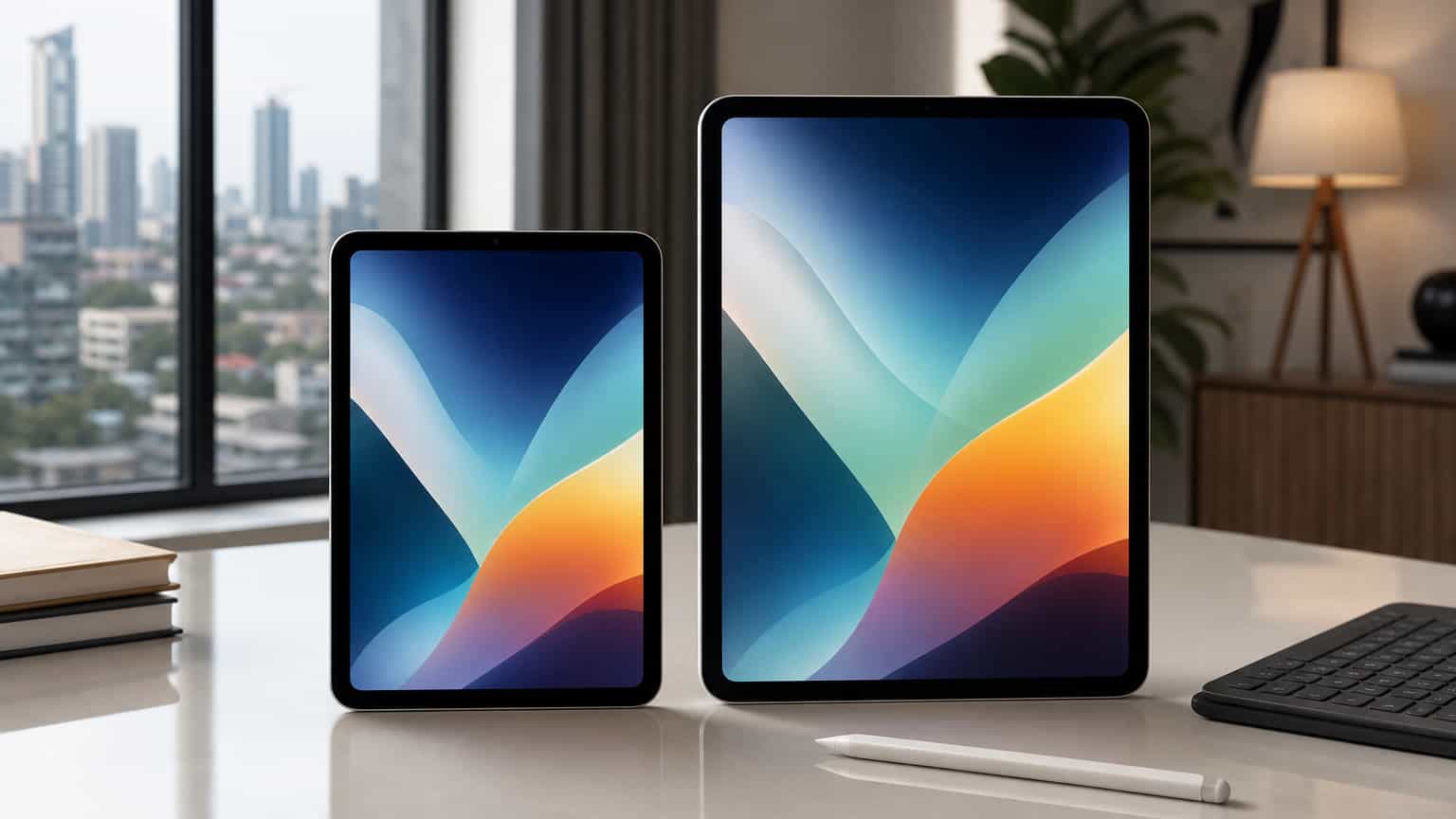 Compact iPad and larger iPad-style tablets compared on a desk