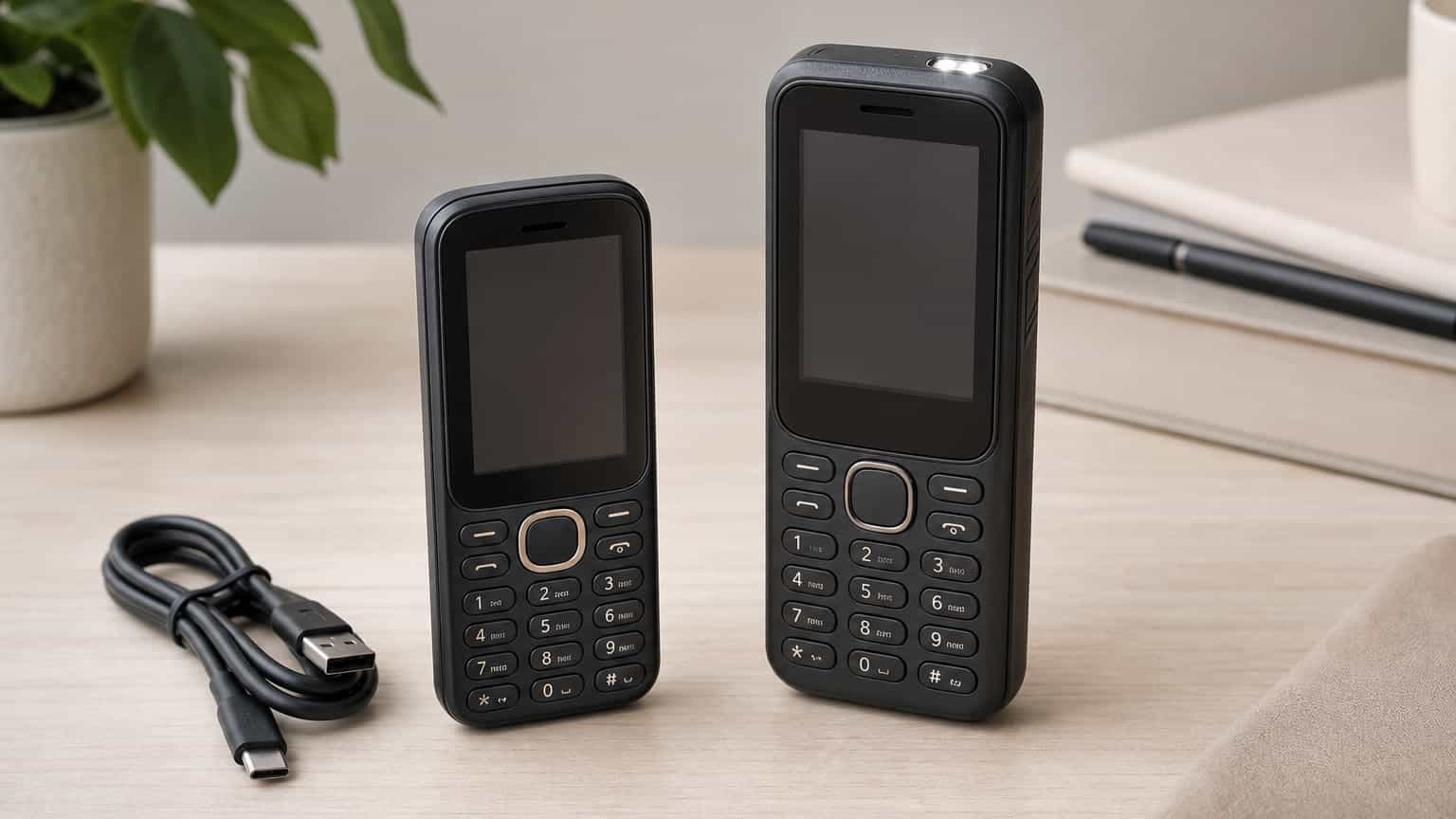 Two basic Itel-style feature phones compared on a desk with a USB-C cable nearby