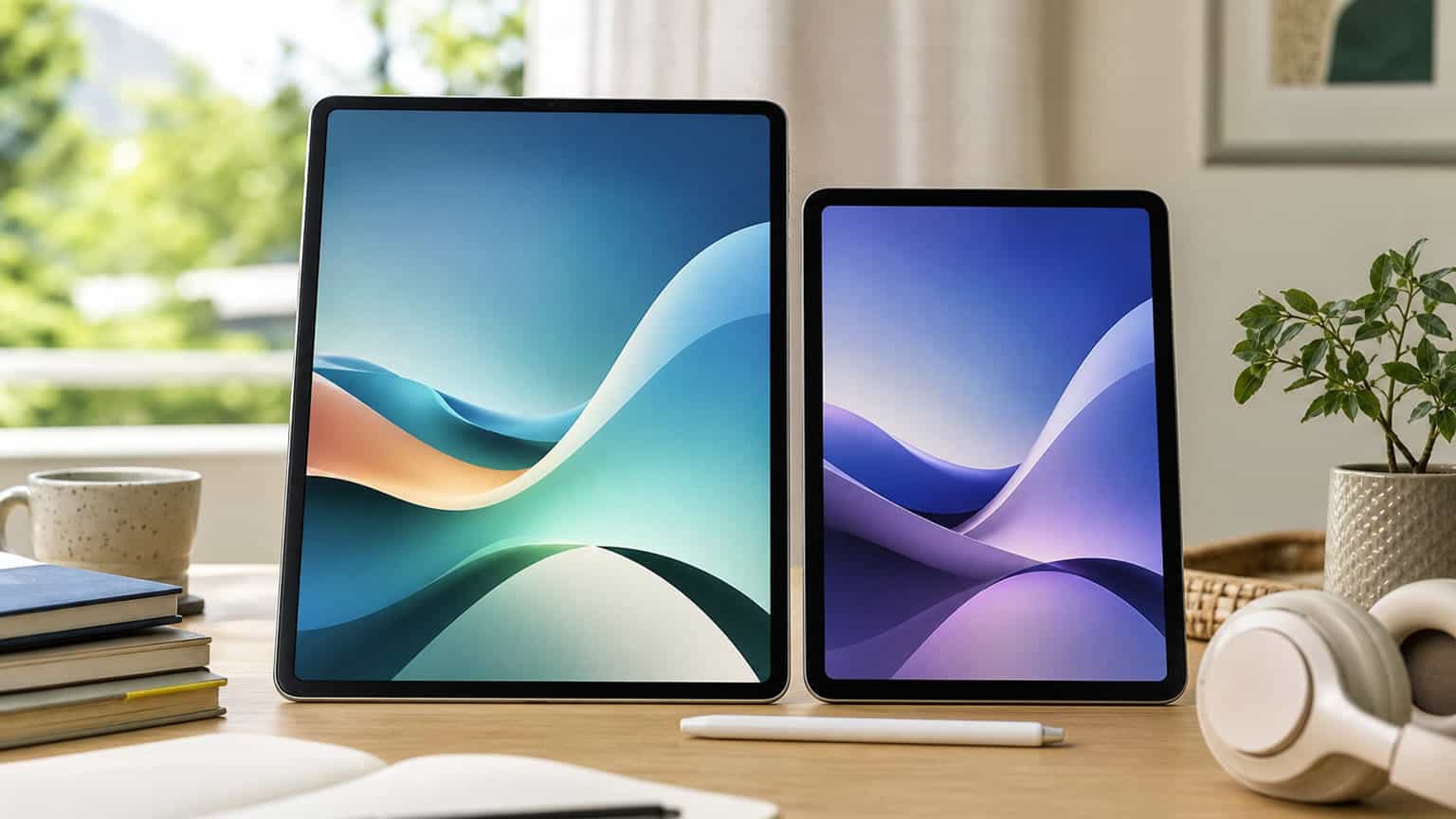 Two unbranded tablets side by side on a study desk for a Tecno tablet comparison
