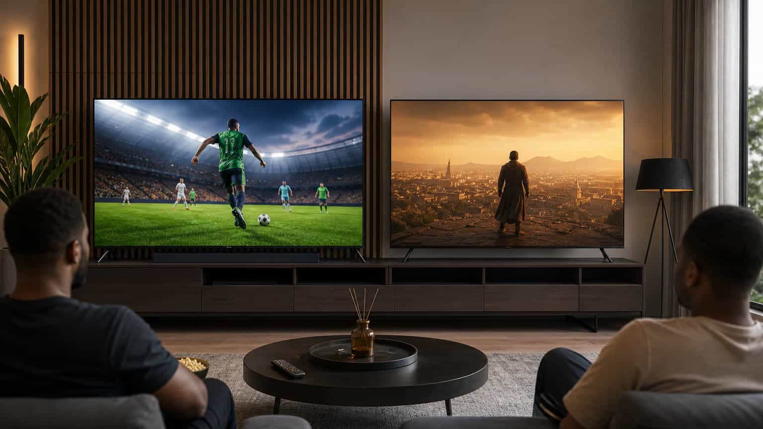 Two 55-inch smart TVs compared in a modern living room for LG NanoCell versus LG QNED buying decisions