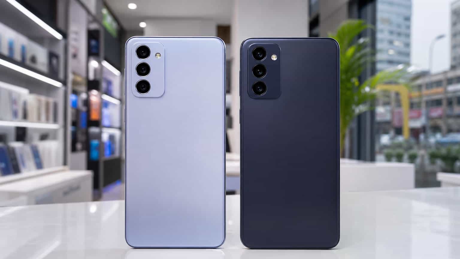 Two modern Samsung-style midrange smartphones side by side on a Nigerian retail counter