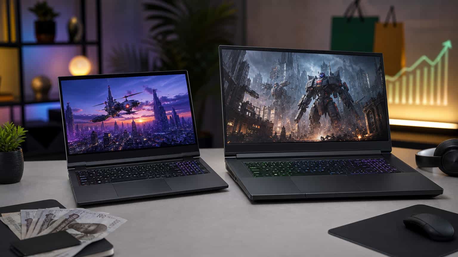 Two premium gaming laptops on a desk representing the Alienware M16 R3 and m18 R3 comparison