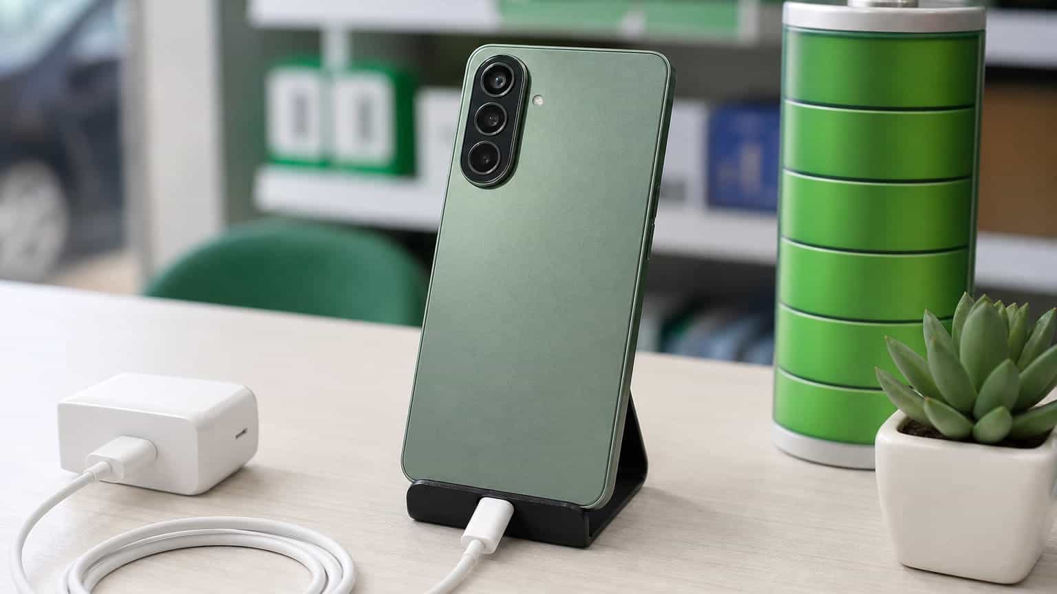 Itel Power 80 style smartphone with USB-C charging and battery-focused retail setup