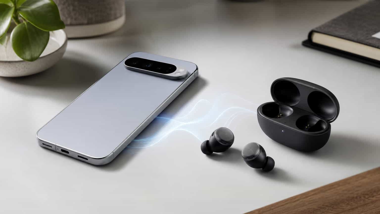 Pixel-style phone and wireless earbuds illustrating Android 17 Bluetooth audio support