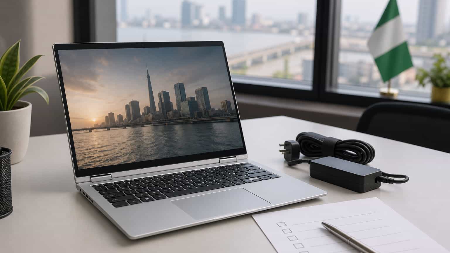Used silver HP-style convertible business laptop on a Nigerian office desk with charger and inspection checklist
