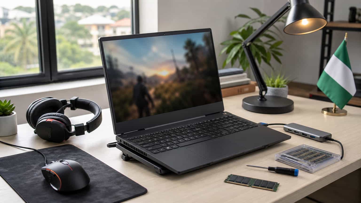 HP Victus 15-FA2013 gaming laptop on a clean desk with cooling space and accessories