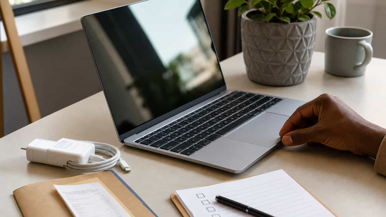 Used 13-inch silver laptop on a desk with charger and inspection checklist