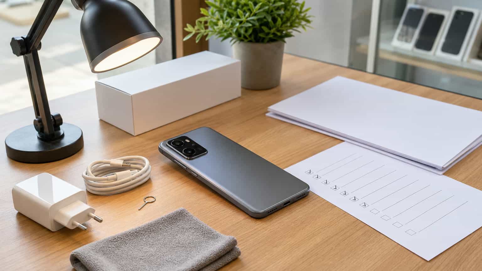 Xiaomi 13T used-phone buying guide with phone, charger and inspection checklist on a clean desk