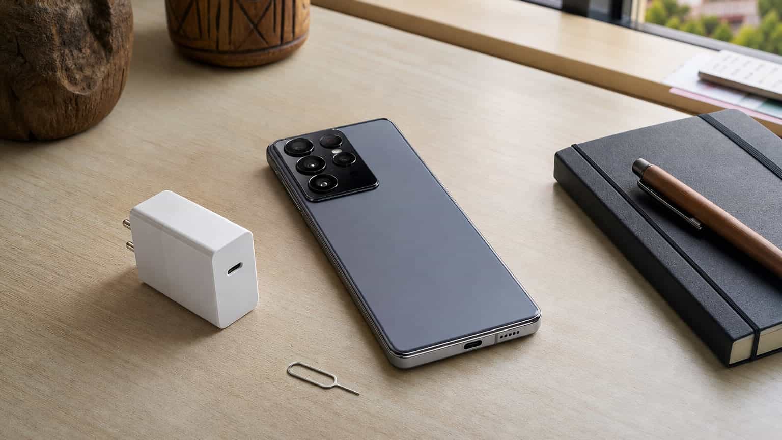 Premium camera-focused smartphone with charger, SIM tool and notebook on a clean desk