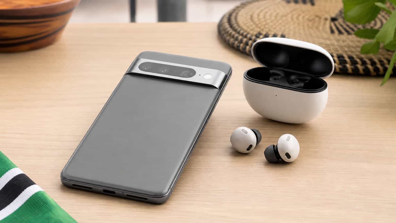 Premium unbranded Pixel-style smartphone beside wireless earbuds on a clean retail desk