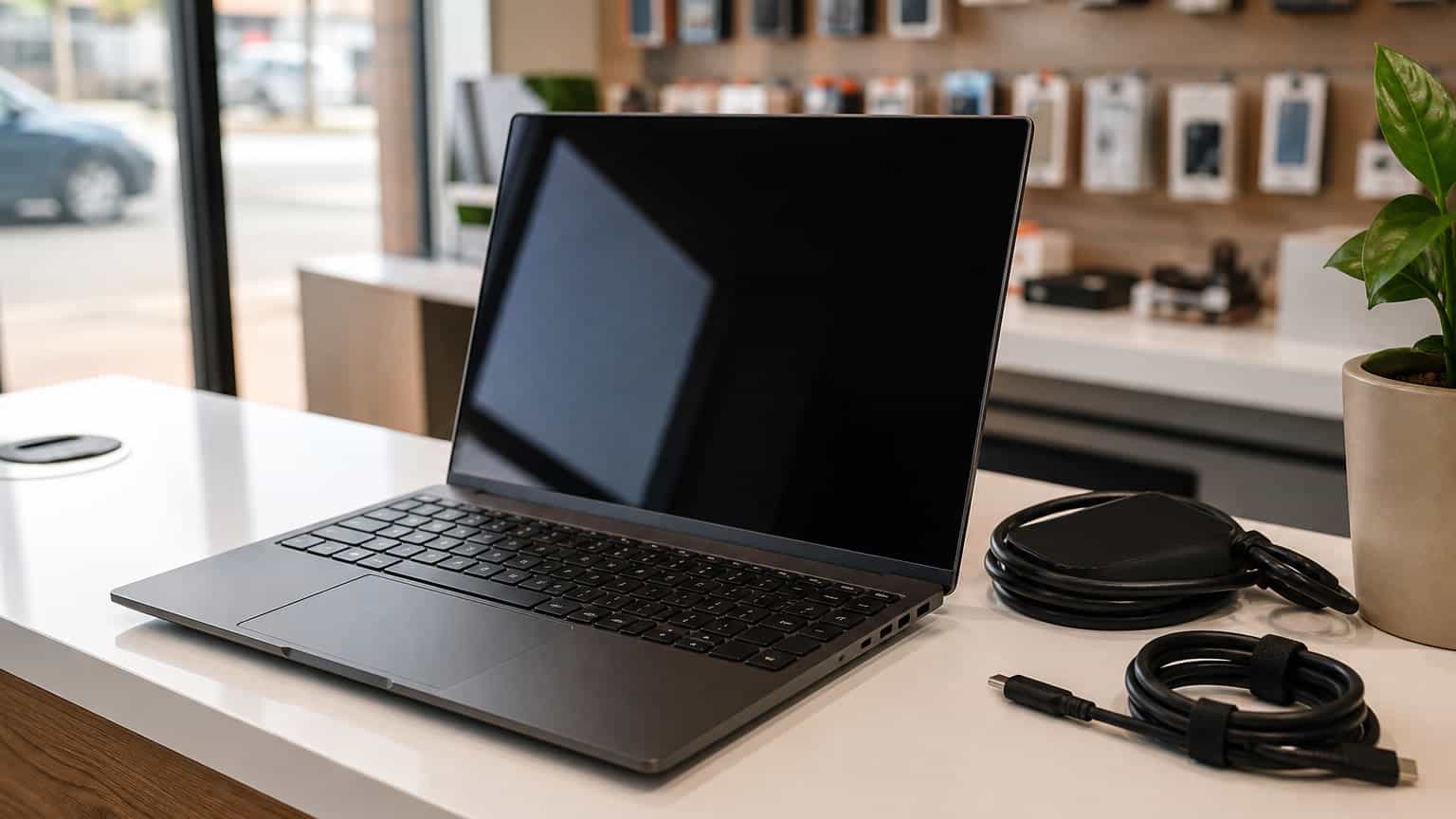Premium Windows laptop on a Nigerian tech retail counter with charger and accessories