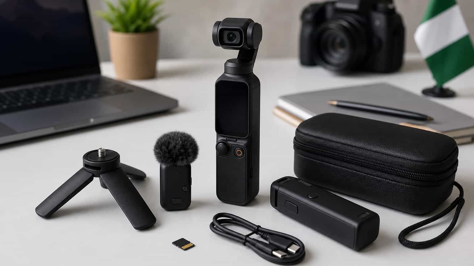 DJI-style pocket gimbal creator kit with microphone, tripod, battery handle and accessories on a Nigerian creator desk