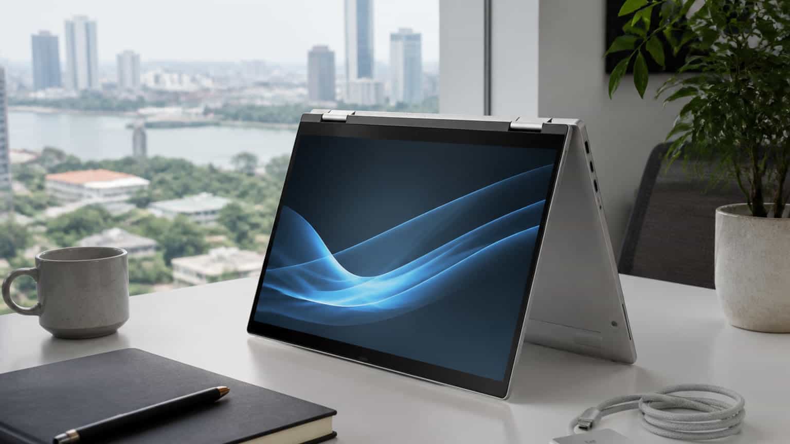 Silver convertible business laptop on a desk for an HP EliteBook x360 1040 G6 buying guide