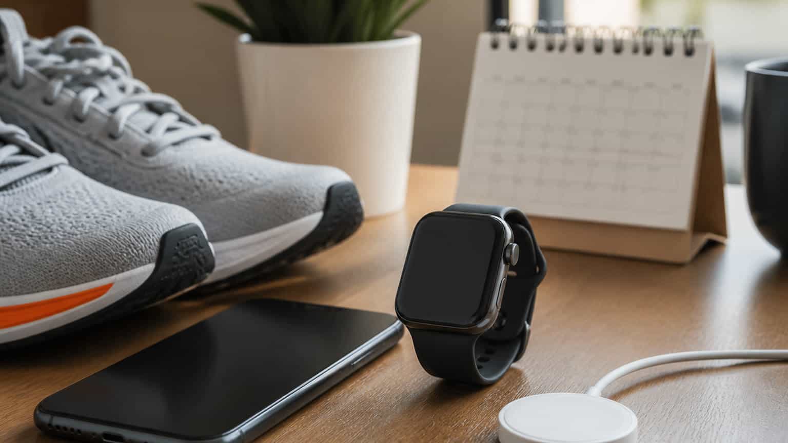 Apple Watch-style smartwatch on a desk with fitness shoes, phone and charging puck