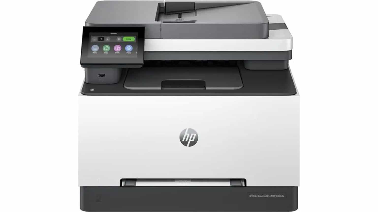 HP colour laser multifunction printer in a tidy small office setting