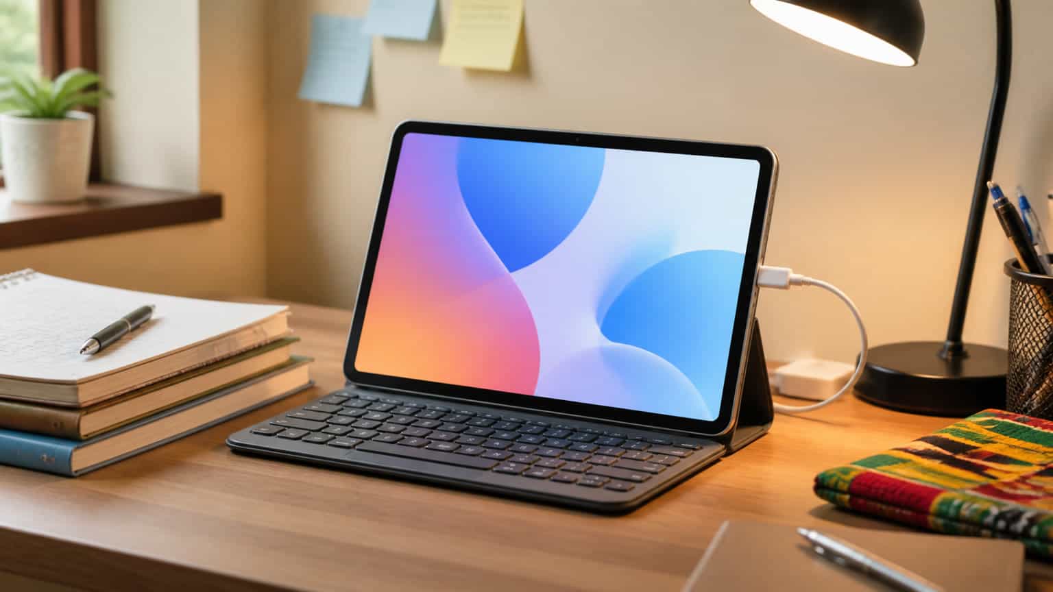TECNO-style 11-inch tablet on a study desk with keyboard and notebooks, no logos or readable text